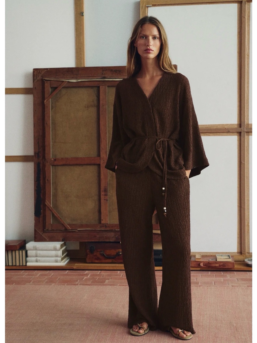 Zara crinkle effect belted jacket & pants set - Picture 1 of 14